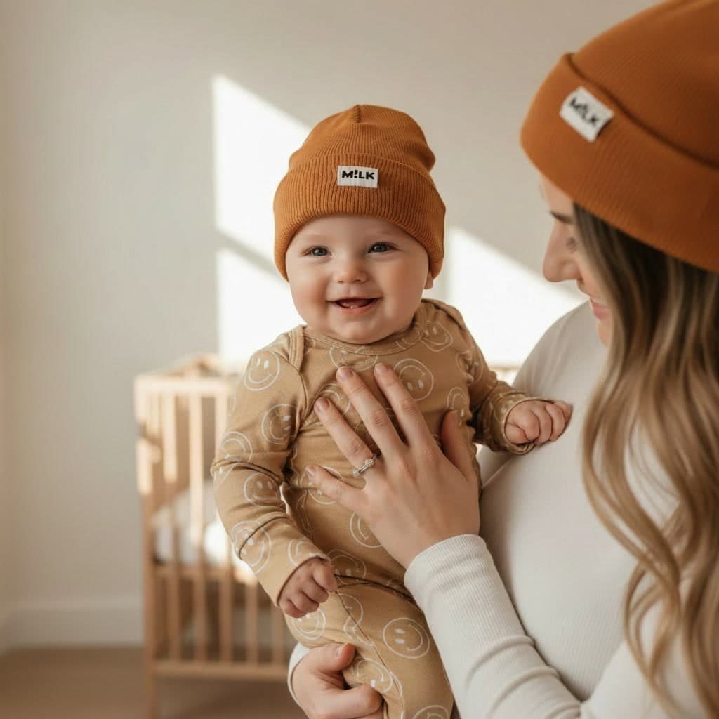 M!LK — bébé bonnet camel + body smiley + maman, douceur bambou